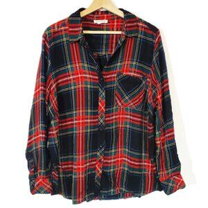 beachlunchlounge Size 1X Red Plaid Button Down Shirt Long Sleeves